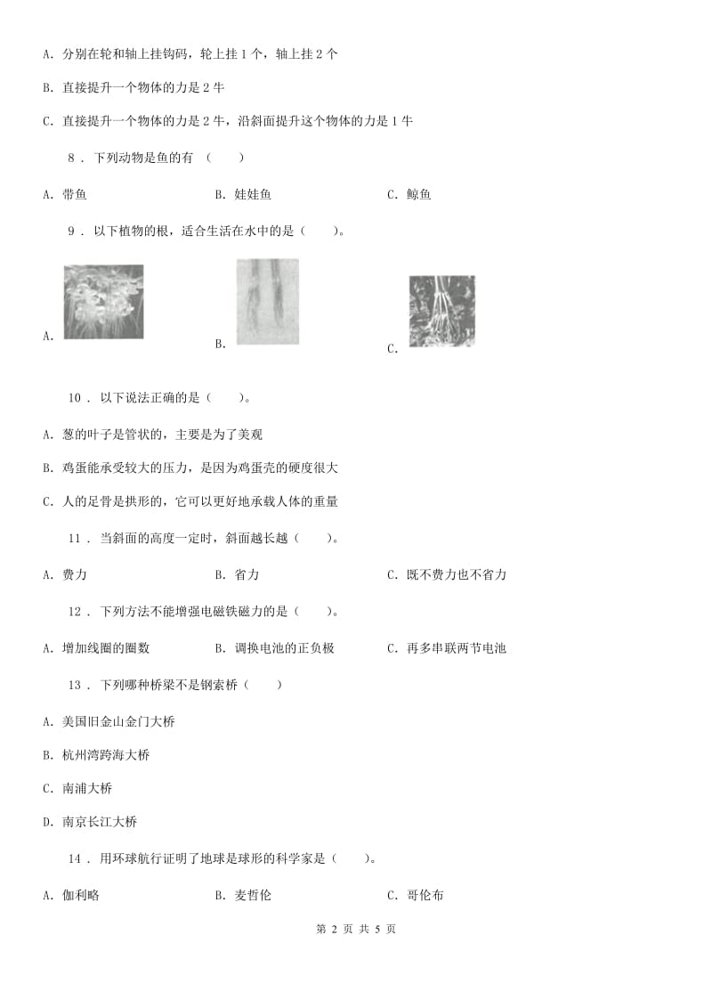 六年级上册期末模拟测试科学试卷（2）_第2页