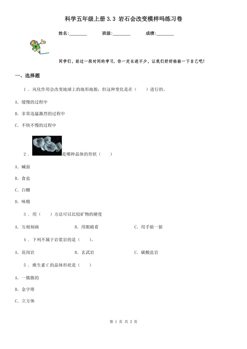 科学五年级上册3.3 岩石会改变模样吗练习卷_第1页