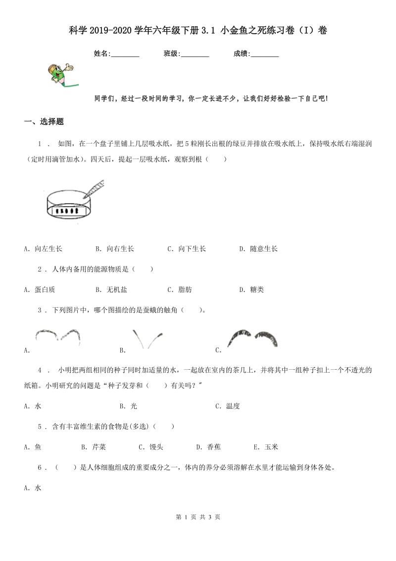 科学2019-2020学年六年级下册3.1 小金鱼之死练习卷（I）卷_第1页