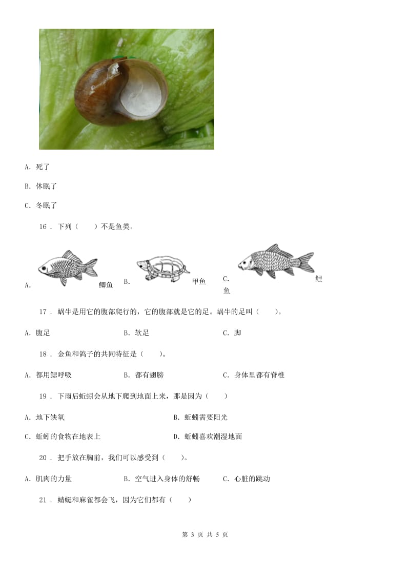 2020年三年级上册9月月考科学试卷（I）卷_第3页