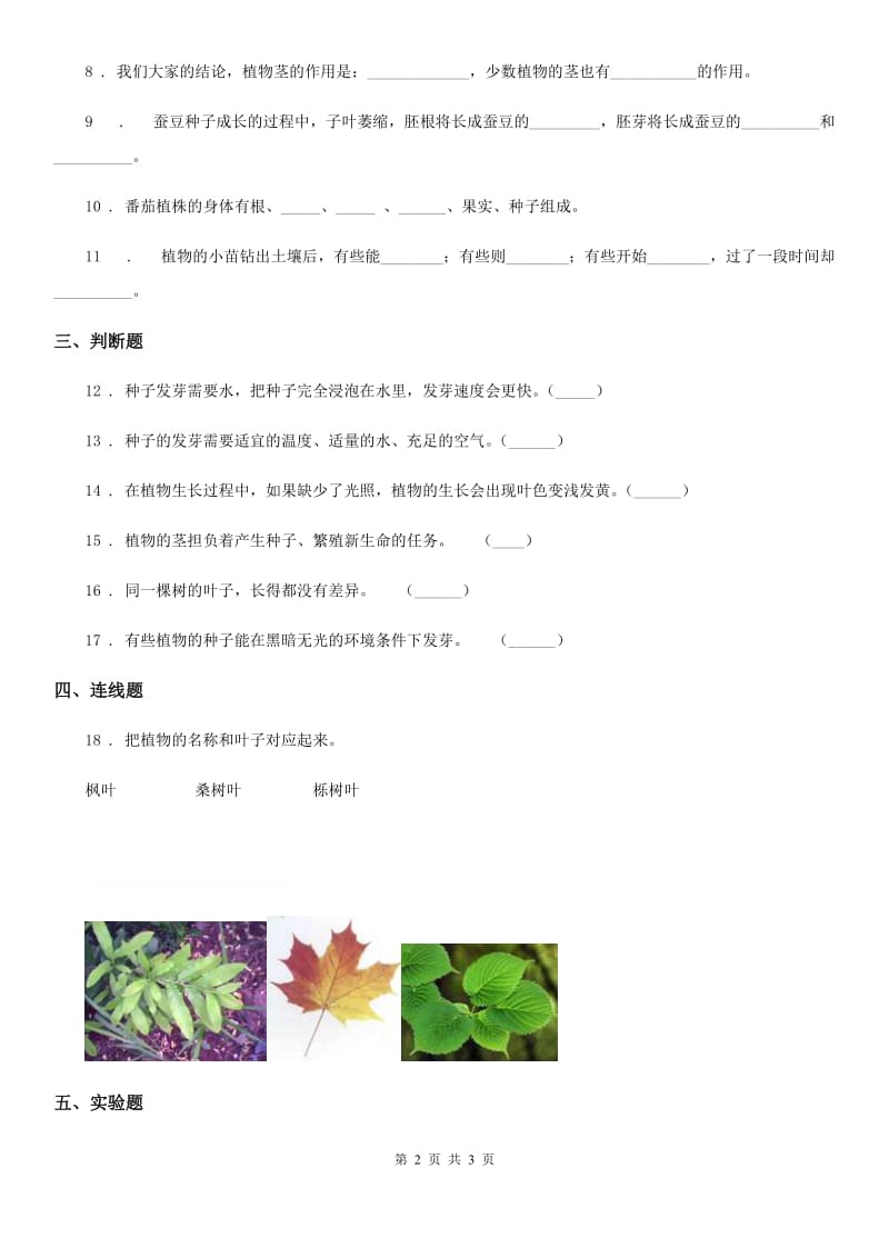 北京市科学三年级下册1.1 种子发芽了练习卷_第2页