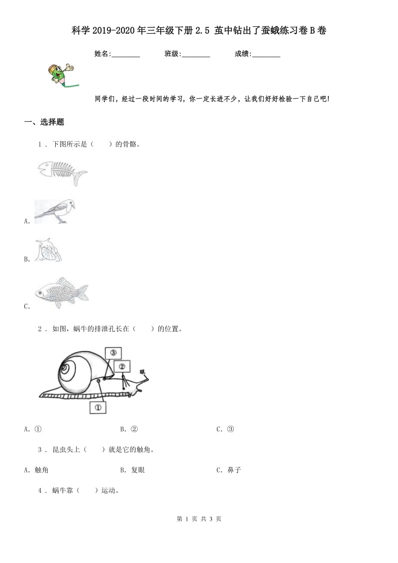 科学2019-2020年三年级下册2.5 茧中钻出了蚕蛾练习卷B卷_第1页