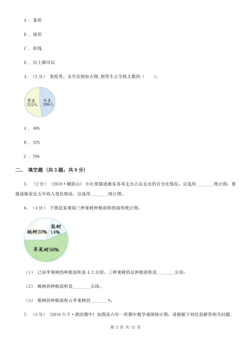 人教版数学2019-2020学年六年级上册7扇形统计图（I）卷_第2页