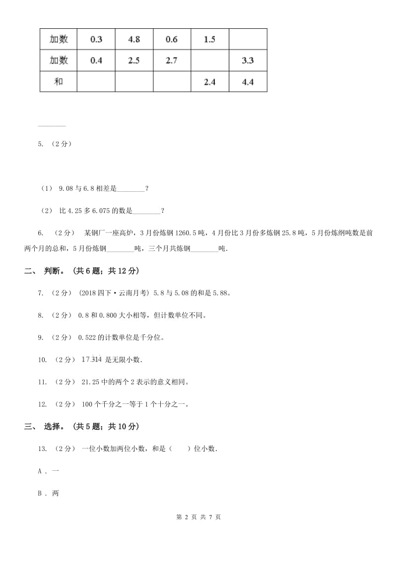 人教版小学数学四年级下册 6.1小数加减法 同步练习 （I）卷_第2页