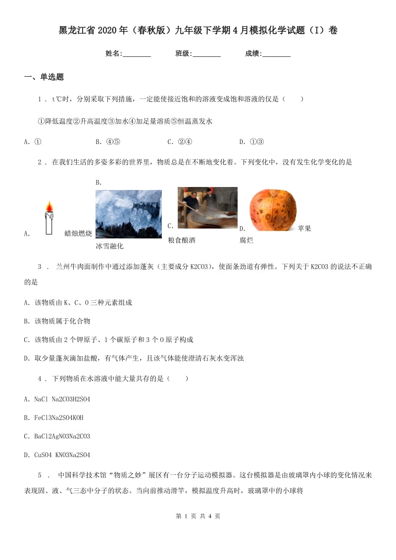 黑龙江省2020年（春秋版）九年级下学期4月模拟化学试题（I）卷_第1页