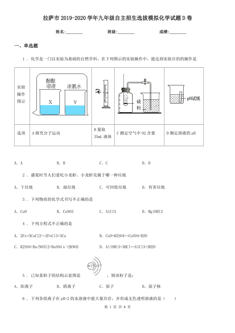 拉萨市2019-2020学年九年级自主招生选拔模拟化学试题D卷_第1页