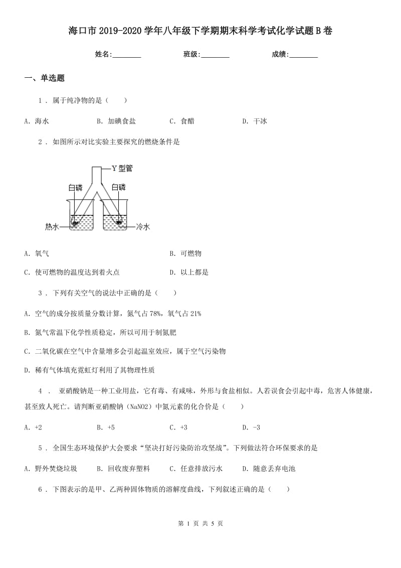 海口市2019-2020学年八年级下学期期末科学考试化学试题B卷_第1页