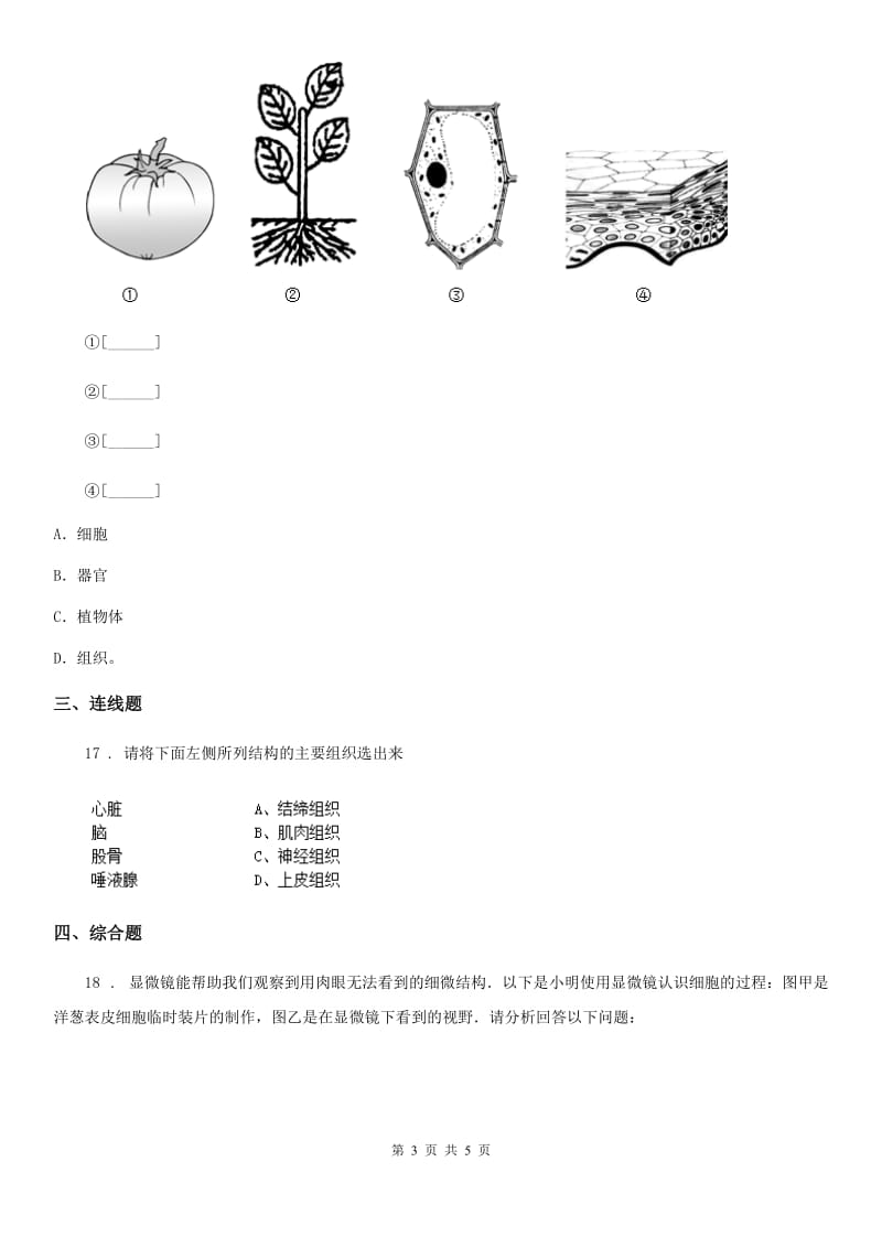 陕西省2019年七年级生物上册第二章 生物体的结构层次 单元测试题A卷_第3页