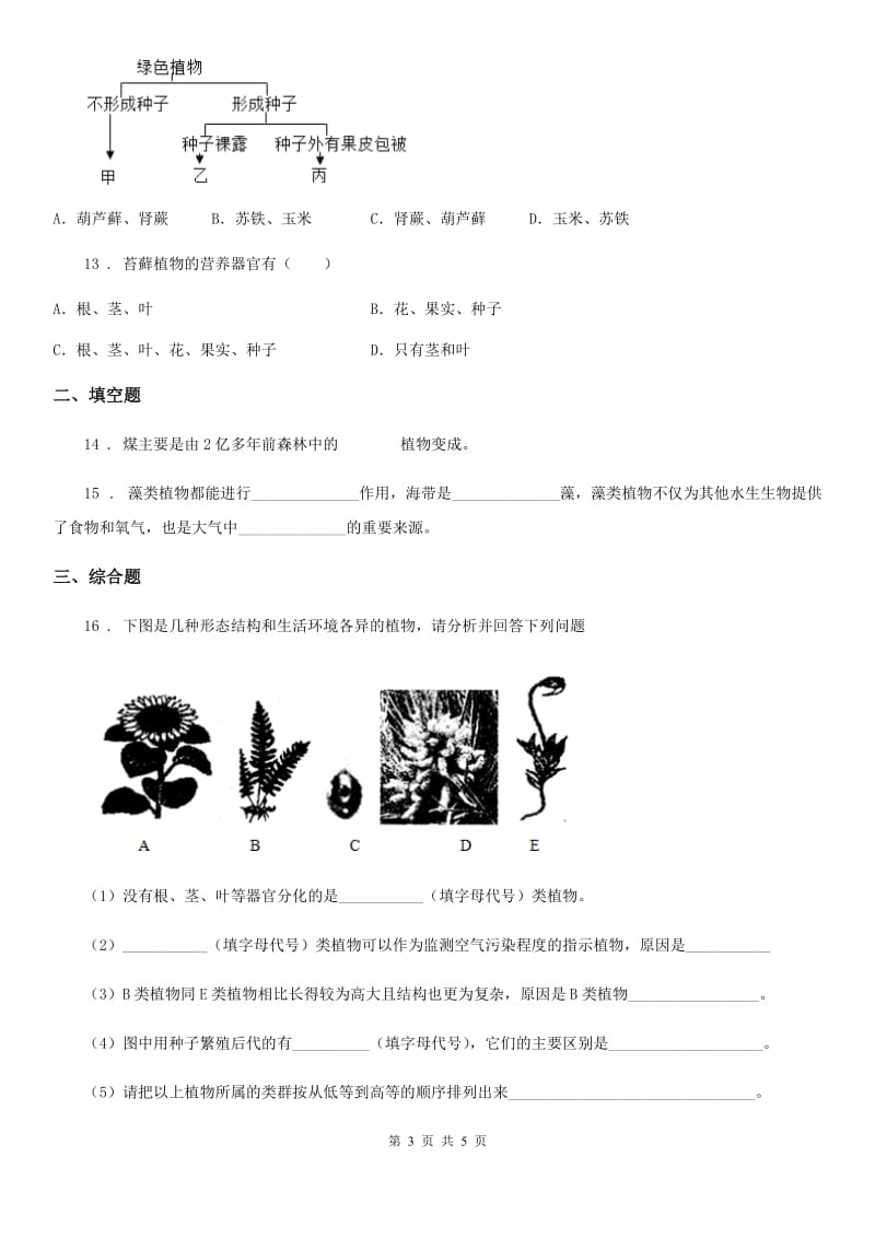 青海省2019-2020学年八年级下册生物当堂练习 22.3植物的主要类群（II）卷_第3页