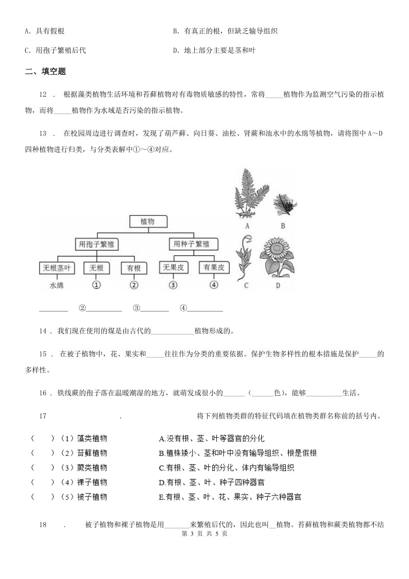 生物七年级上册同：3.1.1藻类、苔藓和蕨类植物步练习题_第3页