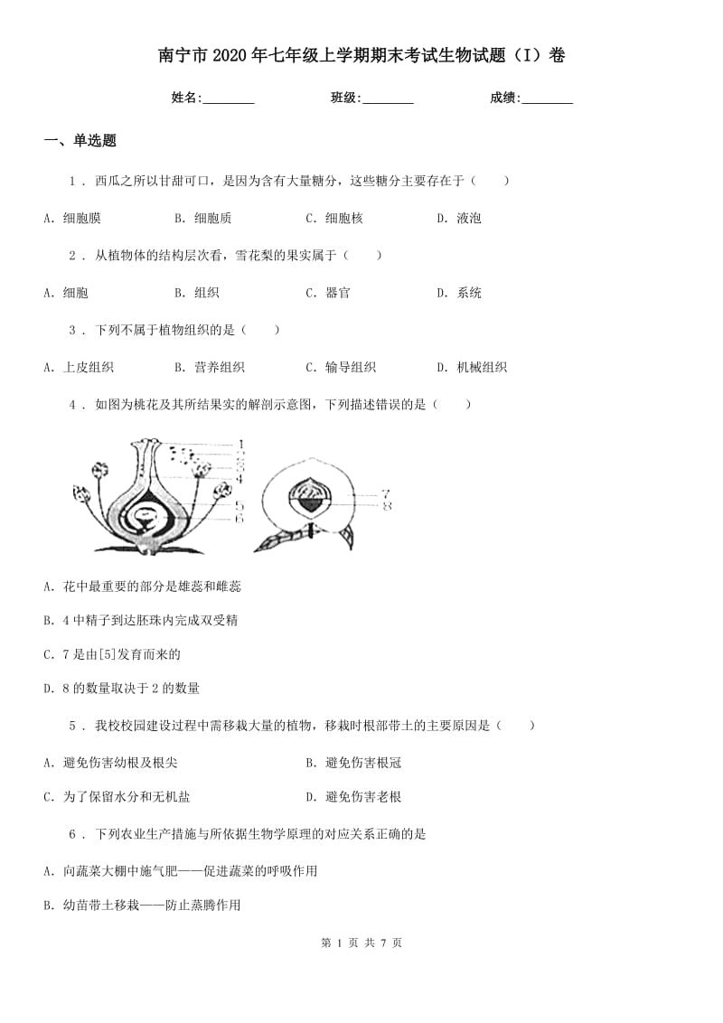 南宁市2020年七年级上学期期末考试生物试题（I）卷_第1页