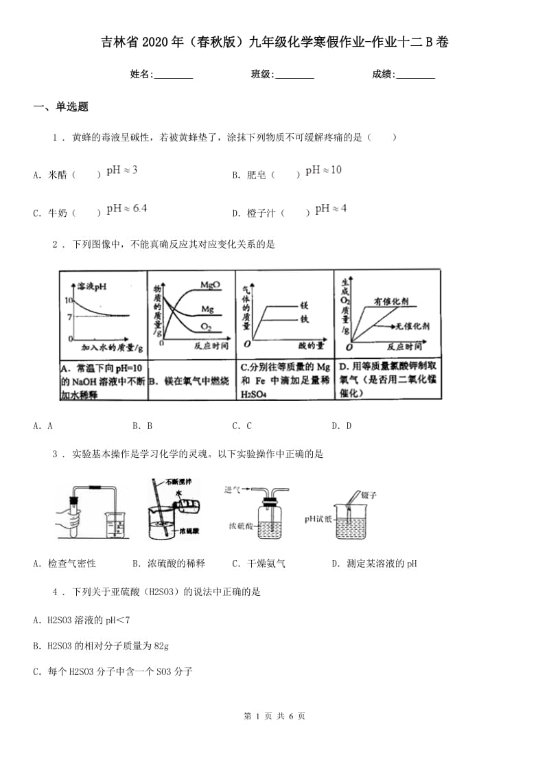 吉林省2020年（春秋版）九年级化学寒假作业-作业十二B卷_第1页