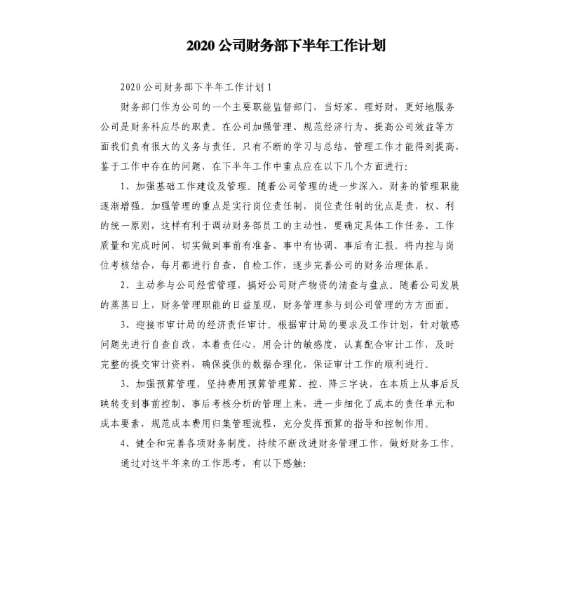 2020公司财务部下半年工作计划_第1页