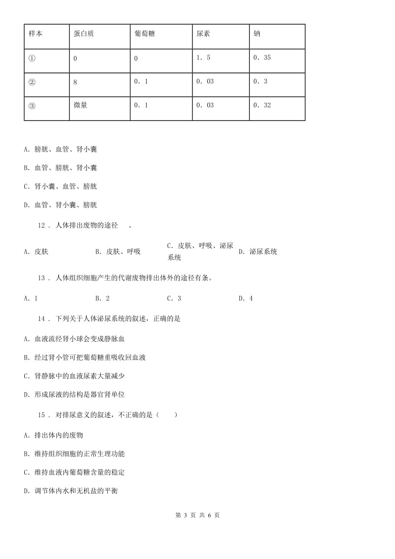 杭州市2019-2020学年七年级下册生物 3.2 排泄 同步练习题（I）卷_第3页