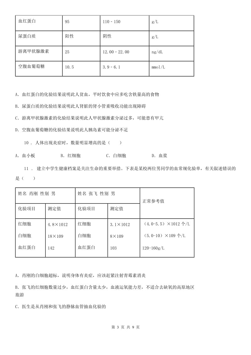 黑龙江省2019-2020学年七年级生物下册第四章人体内物质的运输测试题（三）（II）卷_第3页