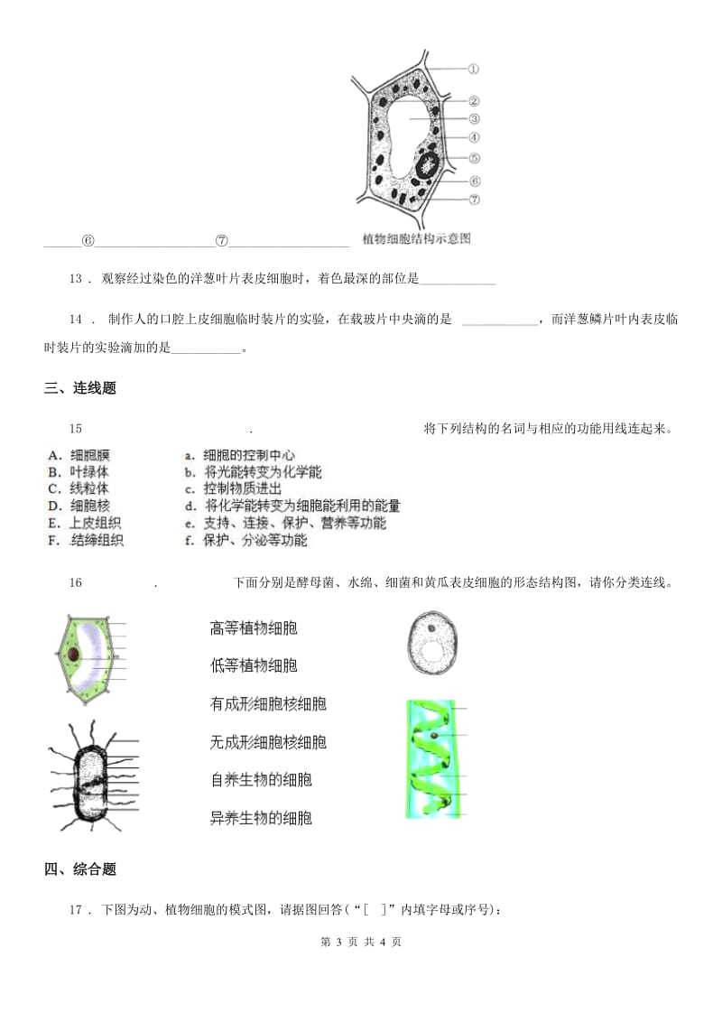 西安市2020版七年级上册生物 2.3.1植物细胞的结构和功能 同步测试题B卷_第3页