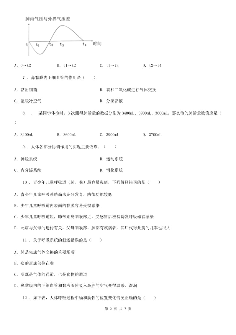 郑州市2020年七年级下册生物 第三章 人体的呼吸 课后练习A卷_第2页