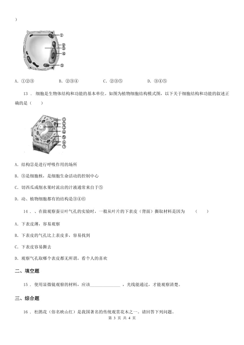 七年级生物上册2.1.2植物细胞测试题_第3页