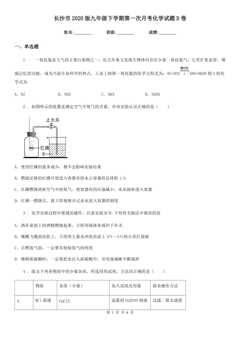 长沙市2020版九年级下学期第一次月考化学试题D卷_第1页