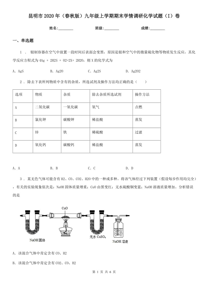 昆明市2020年（春秋版）九年级上学期期末学情调研化学试题（I）卷_第1页