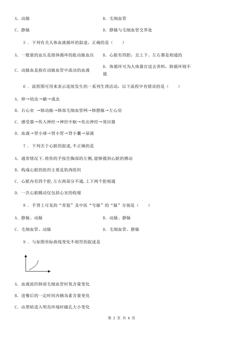 福州市2019-2020学年七年级下册生物 4.3输送血液的泵-心脏 课后练习A卷_第2页