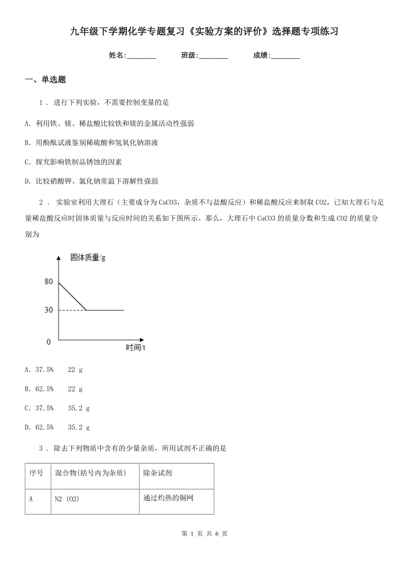 九年级下学期化学专题复习《实验方案的评价》选择题专项练习_第1页