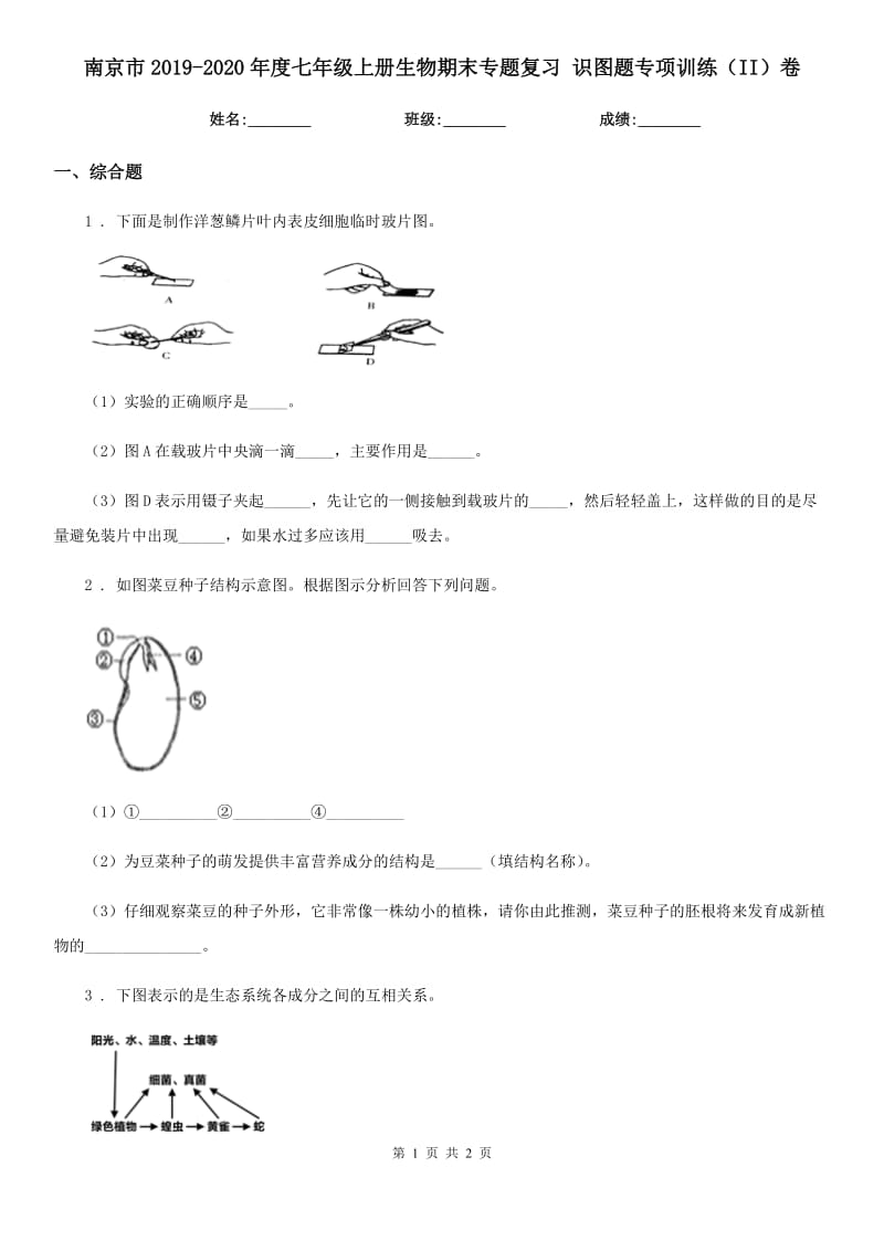 南京市2019-2020年度七年级上册生物期末专题复习 识图题专项训练（II）卷_第1页