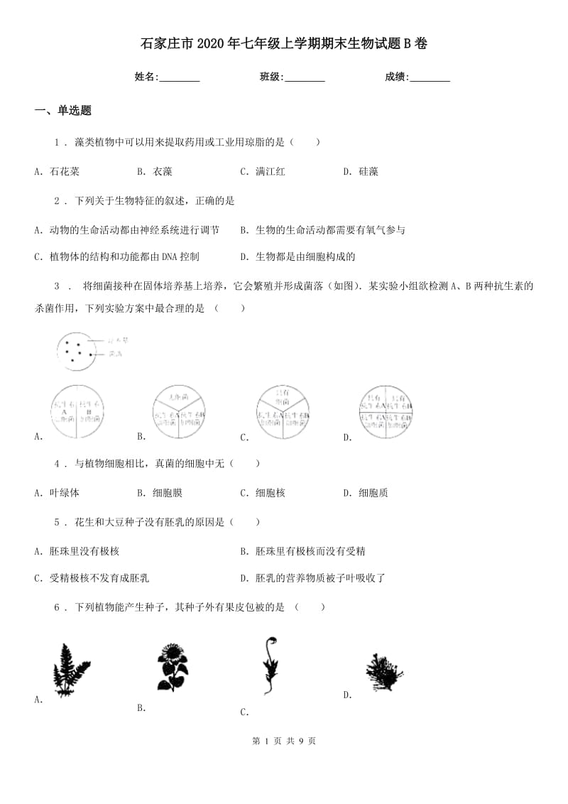 石家庄市2020年七年级上学期期末生物试题B卷_第1页