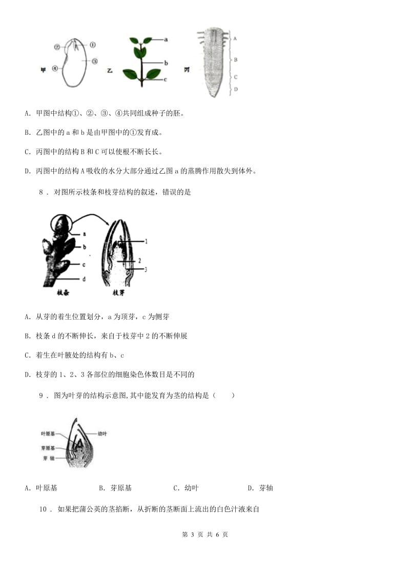 郑州市2019年生物八年级上册《4.1.6芽的类型和发育》测试题C卷_第3页