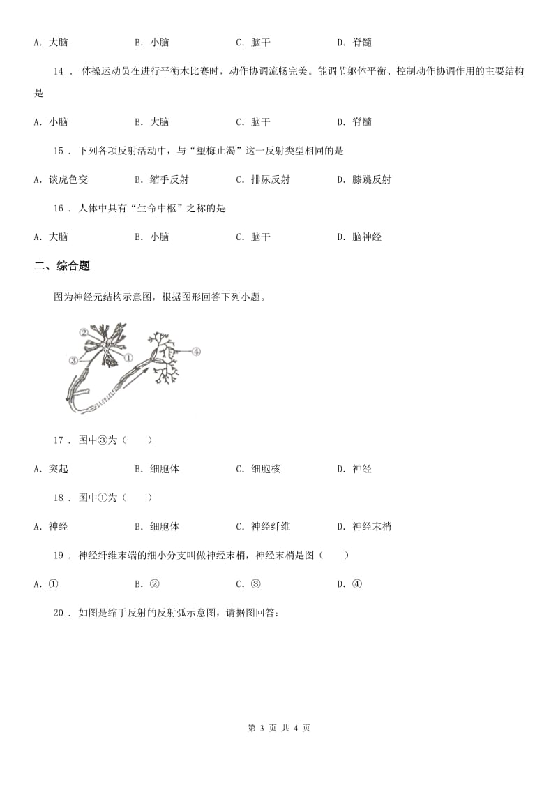 南宁市2020年七年级下册生物 4.3 信息的处理 同步练习题B卷_第3页