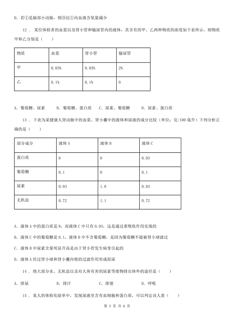 七年级下册生物： 第11章 人体代谢废物的排出单元练习题_第3页