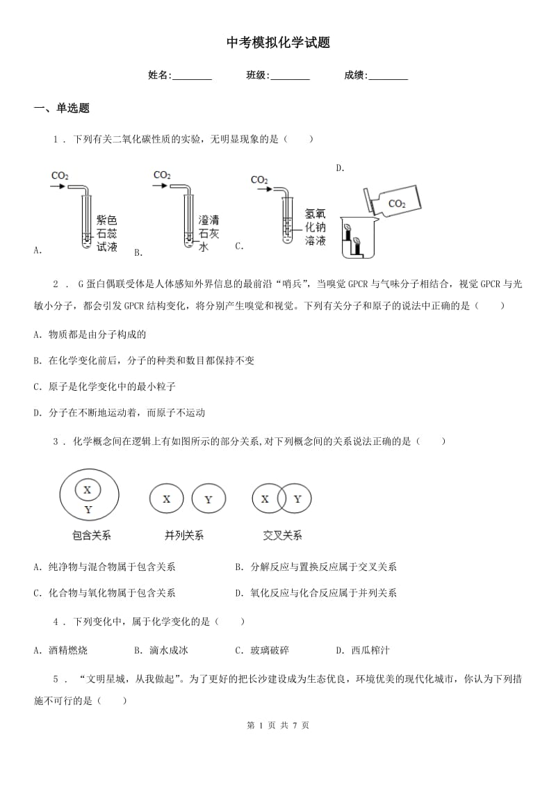 中考模拟化学试题_第1页