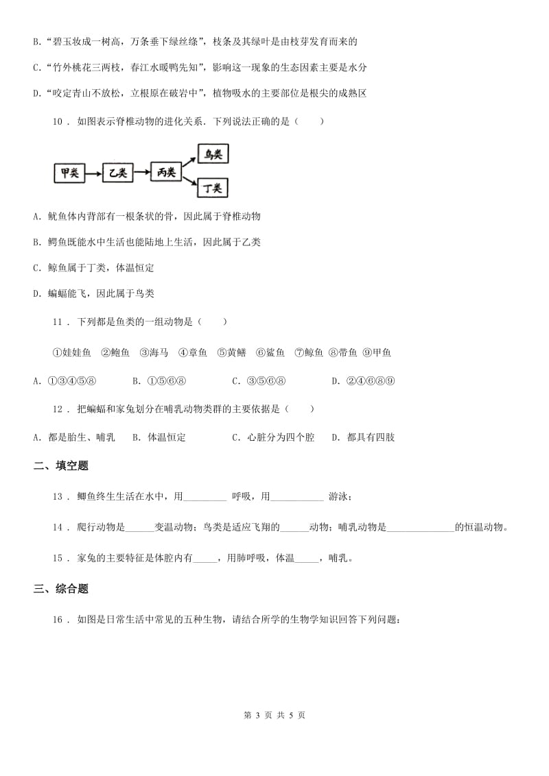 八年级上册生物 7.1.7哺乳类 同步测试题_第3页