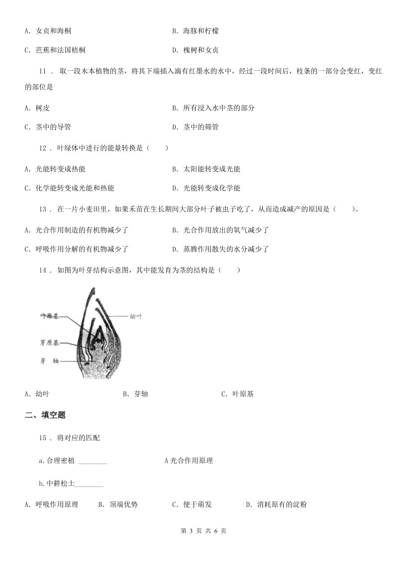 哈尔滨市2020年（春秋版）七年级上册生物 3.4绿色植物是生物圈中有机物的制造者 单元测试题B卷_第3页