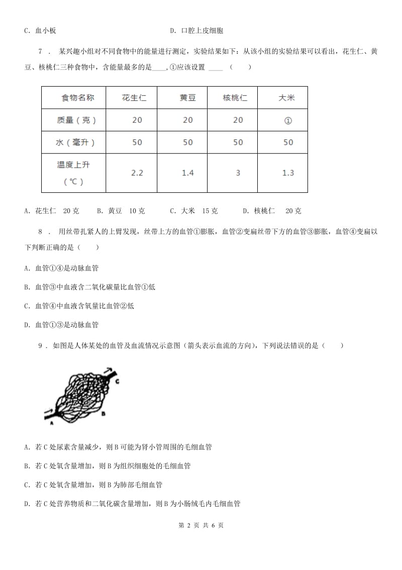 七年级下册生物 10.5人体能量的供给 练习题_第2页