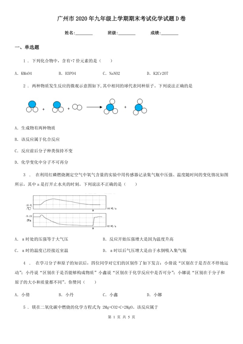 广州市2020年九年级上学期期末考试化学试题D卷_第1页