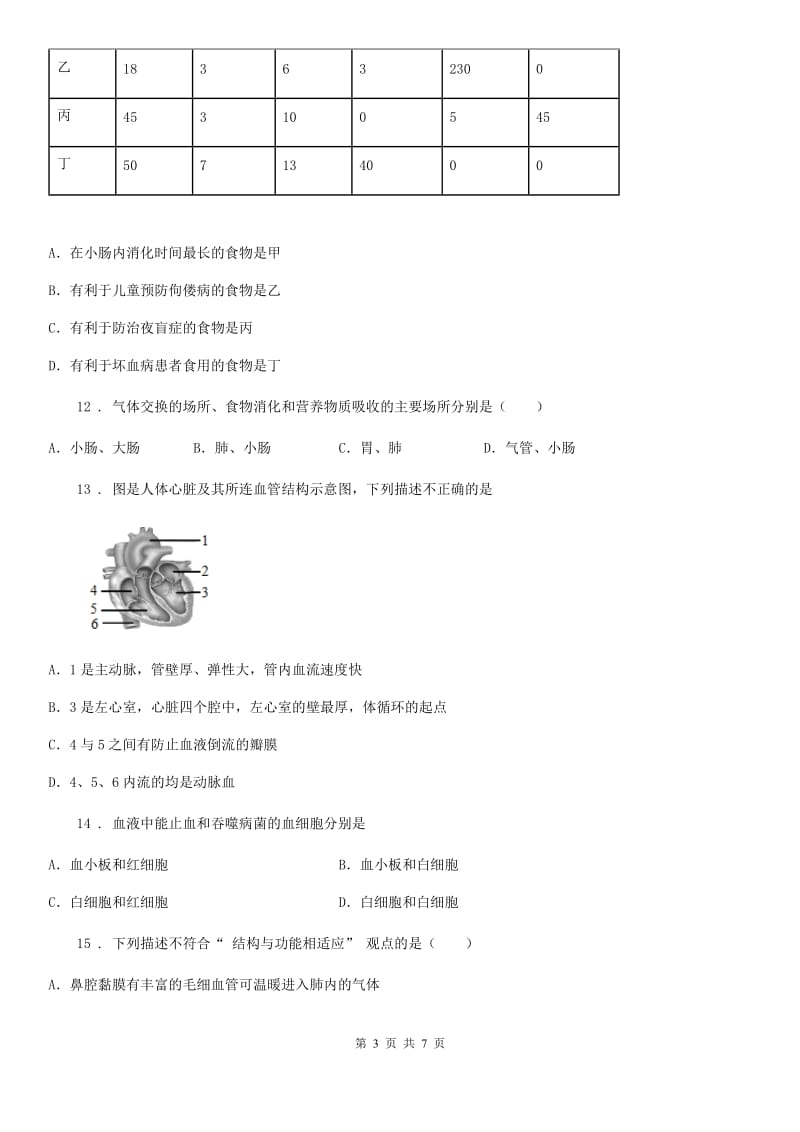 广西壮族自治区2019-2020年度七年级下学期第一次月考生物试题（II）卷_第3页