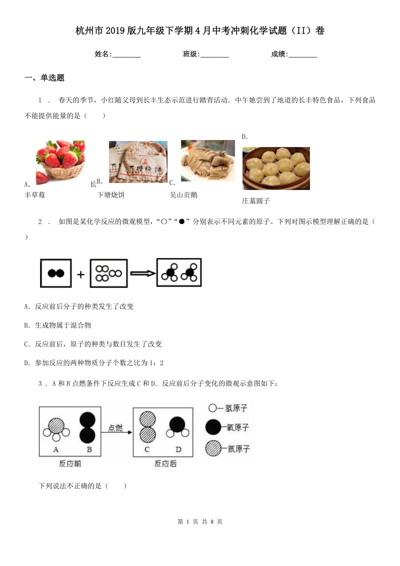 杭州市2019版九年级下学期4月中考冲刺化学试题（II）卷_第1页