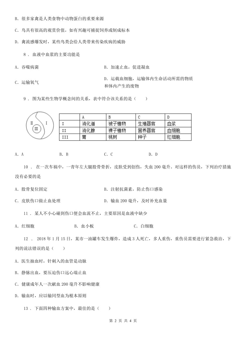 长沙市2019年七年级下册生物2.2.1物质运输的载体练习题A卷_第2页