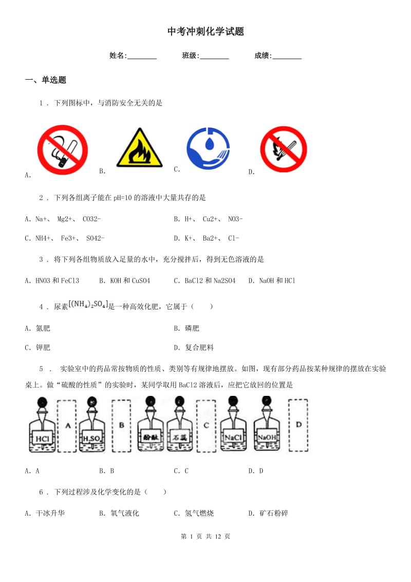 中考冲刺化学试题_第1页