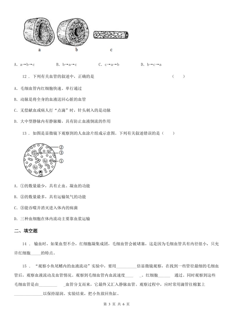 七年级下册生物 4.2血流的管道-血管 课后练习_第3页