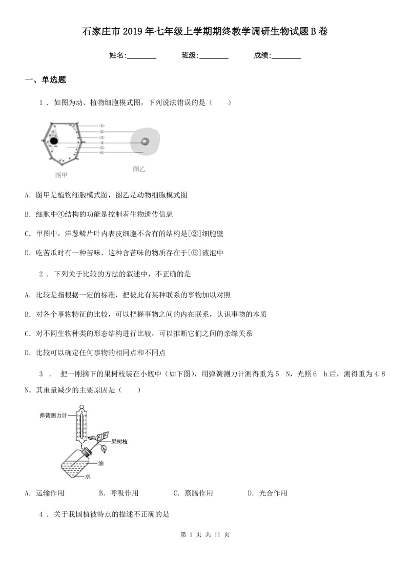 石家庄市2019年七年级上学期期终教学调研生物试题B卷_第1页