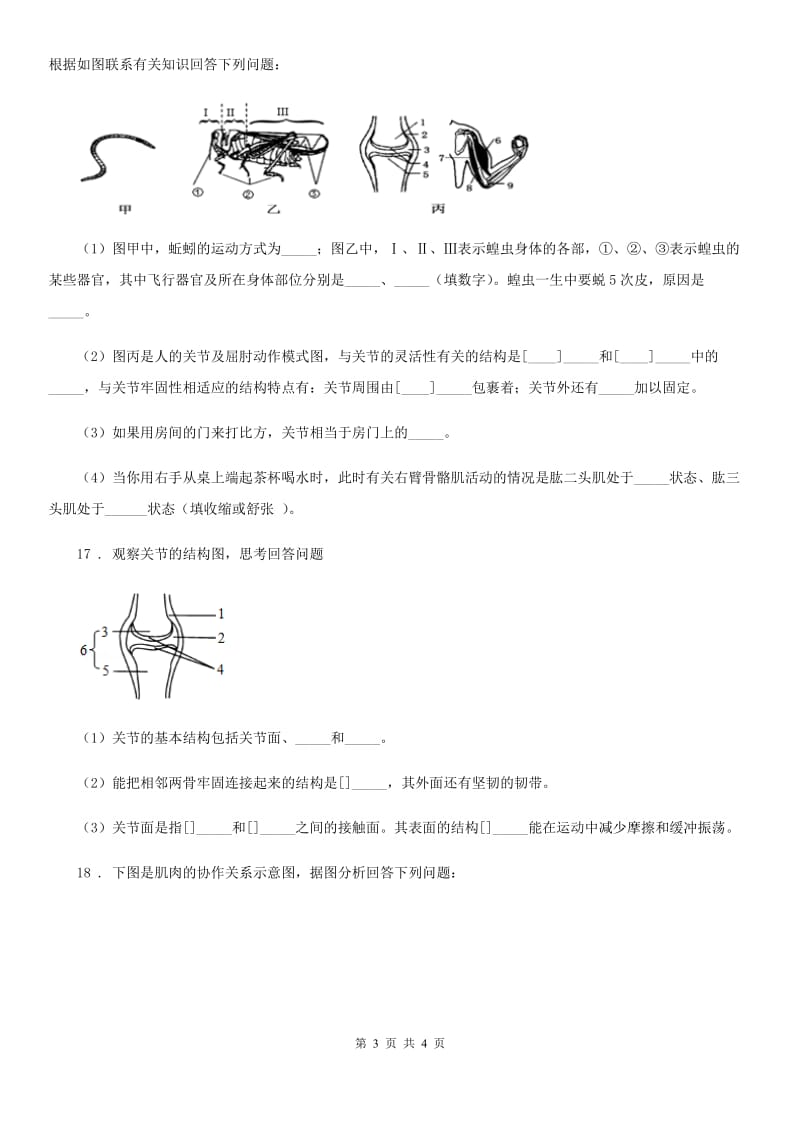 呼和浩特市2020年（春秋版）八年级上册生物 7.2.1动物的运动 同步测试题B卷_第3页