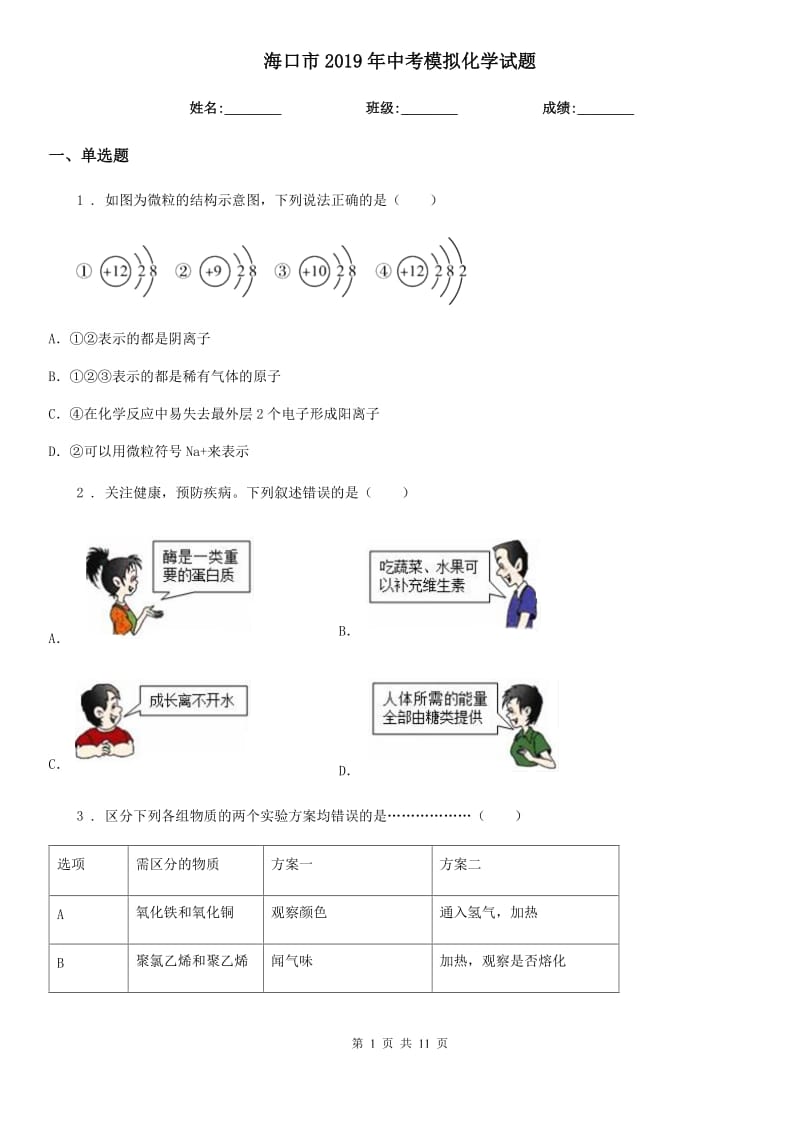 海口市2019年中考模拟化学试题（测试）_第1页