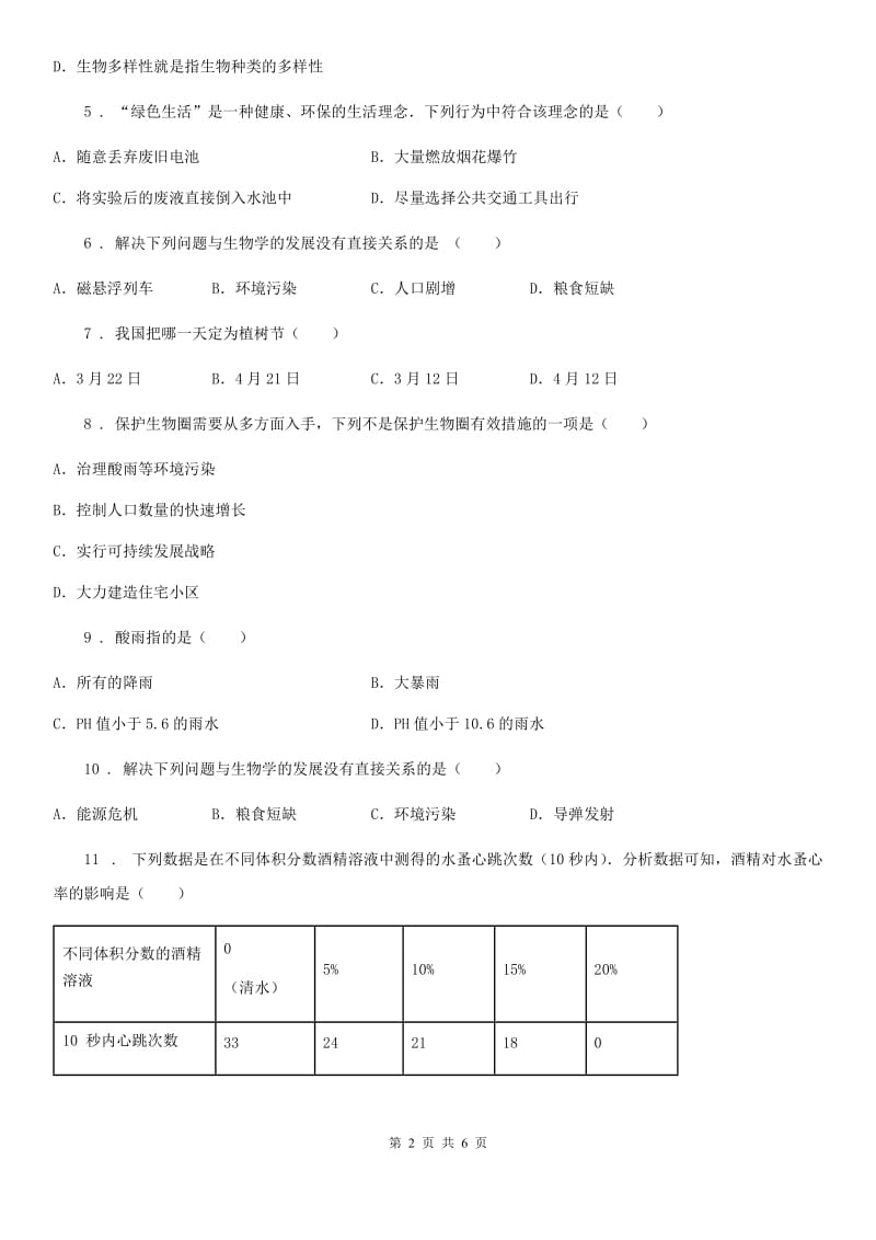 七年级下册生物 第七章 人类活动对生物圈的影响 课后练习_第2页