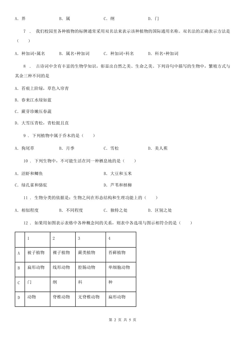 七年级上册生物 2.4生物的分类 单元测试题_第2页