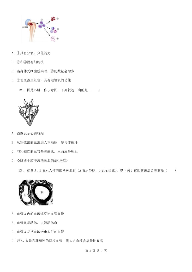 黑龙江省2019年七年级上册生物 4.4人体内物质的运输 单元测试题（I）卷_第3页