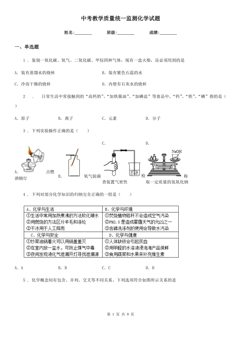 中考教学质量统一监测化学试题_第1页