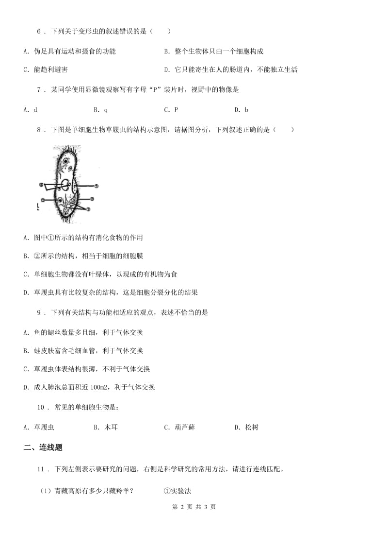 人教版生物七年上册：2.2.4单细胞生物练习题_第2页