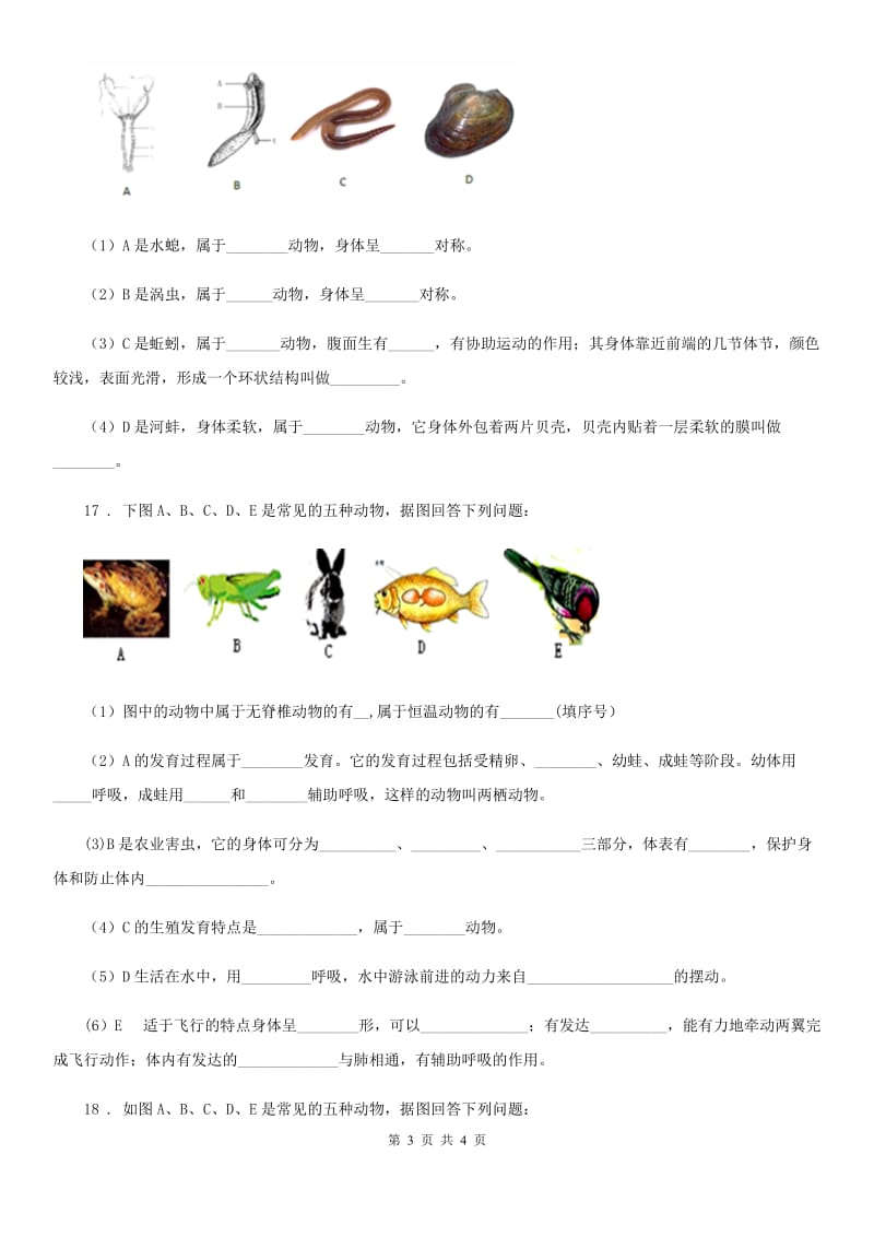 贵阳市2019年七年级下册生物 10.1水中的动物B卷_第3页